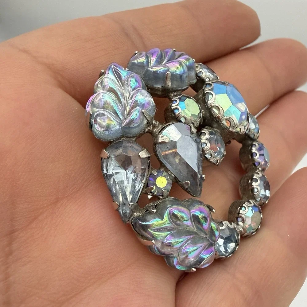 Vtg Weiss Molded Glass Cabochon Brooch Blue AB Rhinestones Leaf